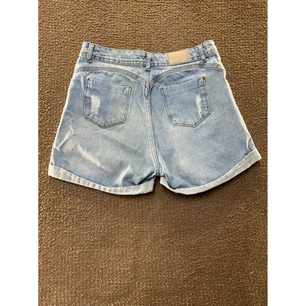 Jezzian Light Wash Distressed High Waisted Denim Jean Shorts Cuffed Hem Women